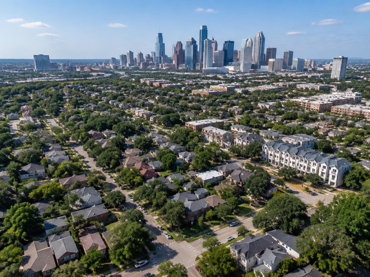 Aerial view across central Houston neighborhoods